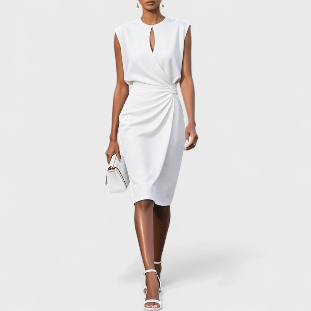 Elegant Keyhole Midi Dress for Women with Round Neck Cap Sleeve Ruched Wrap Cocktail Style
