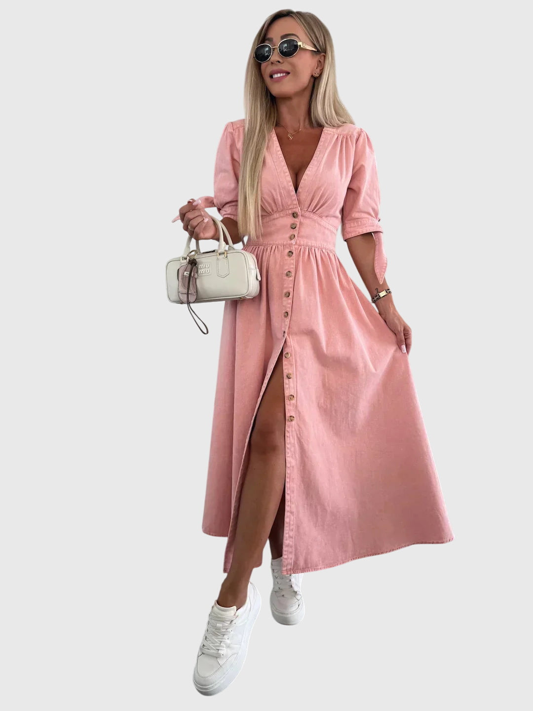 Effortless Denim Maxi Dress for Women with V Neck Elbow Sleeve Button Front Flowing Casual Style