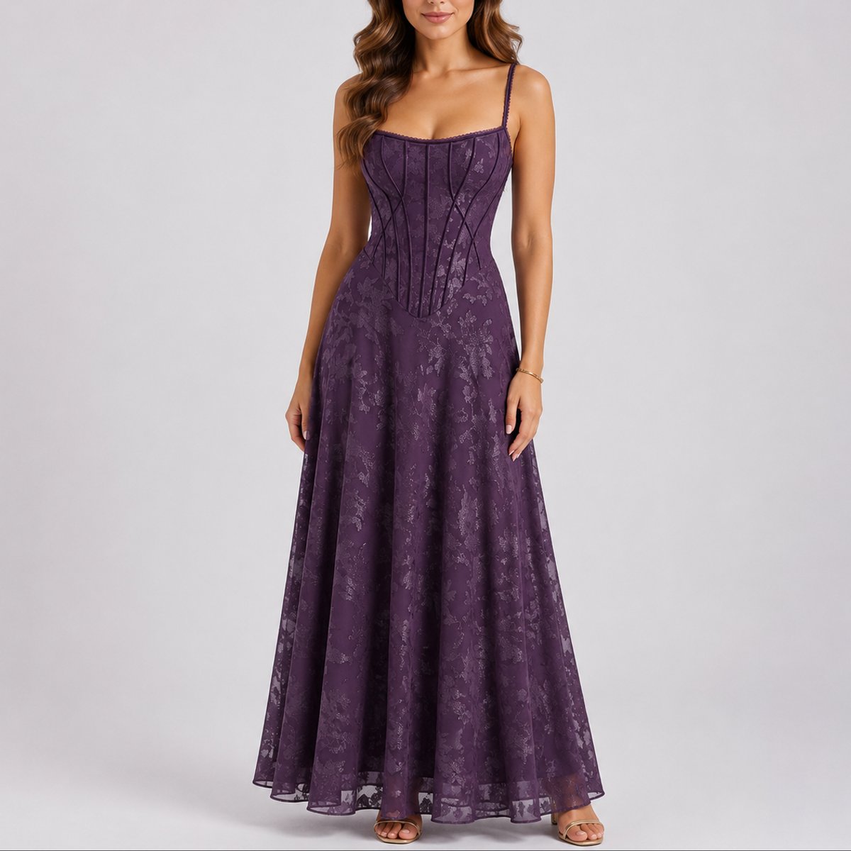 Elegant Floral Lace Autumn Wedding Guest Dress for Women with Sweetheart Neckline Spaghetti Strap Corset A Line Flowing Style