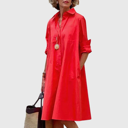 Elegant Red Shirt Dress for Women with Collar Elbow Sleeve Relaxed Swing Style