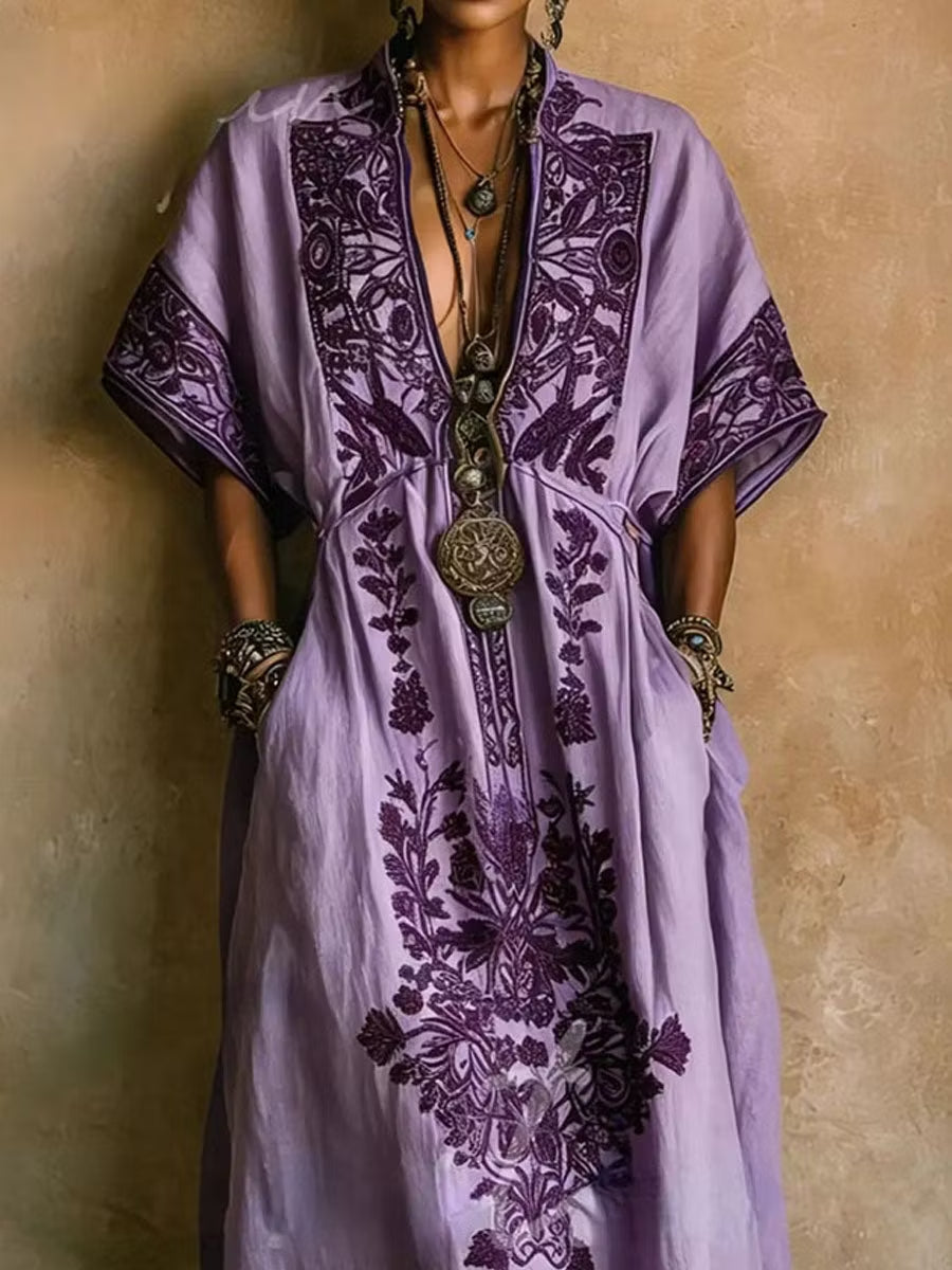Elegant Purple Embroidered Kaftan Maxi Dress for Women with V Neck Batwing Sleeve Flowing Bohemian Style