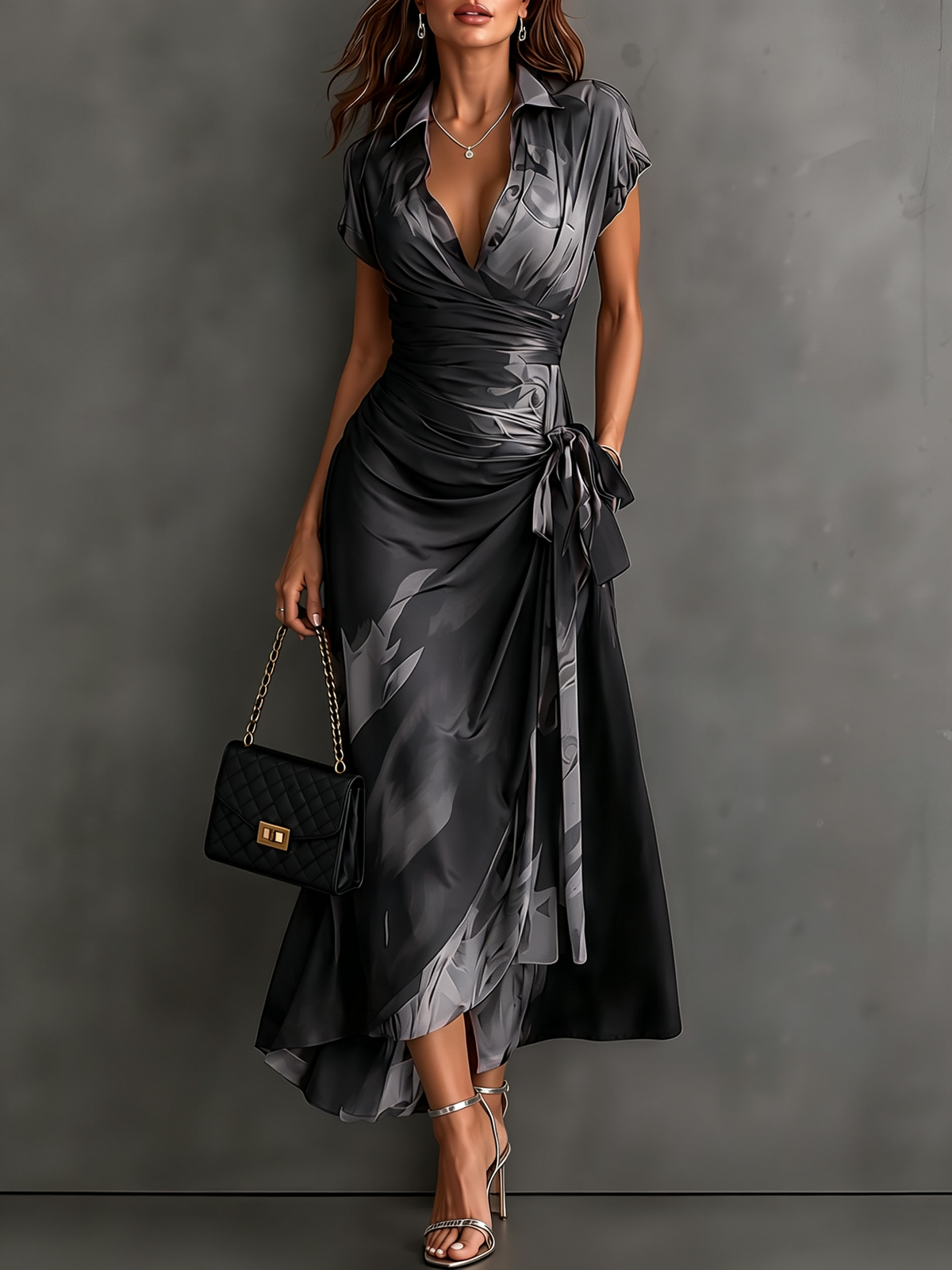Stylish Abstract Print Wrap Midi Dress for Women with Collared V Neck Short Sleeve Satin Draped Style