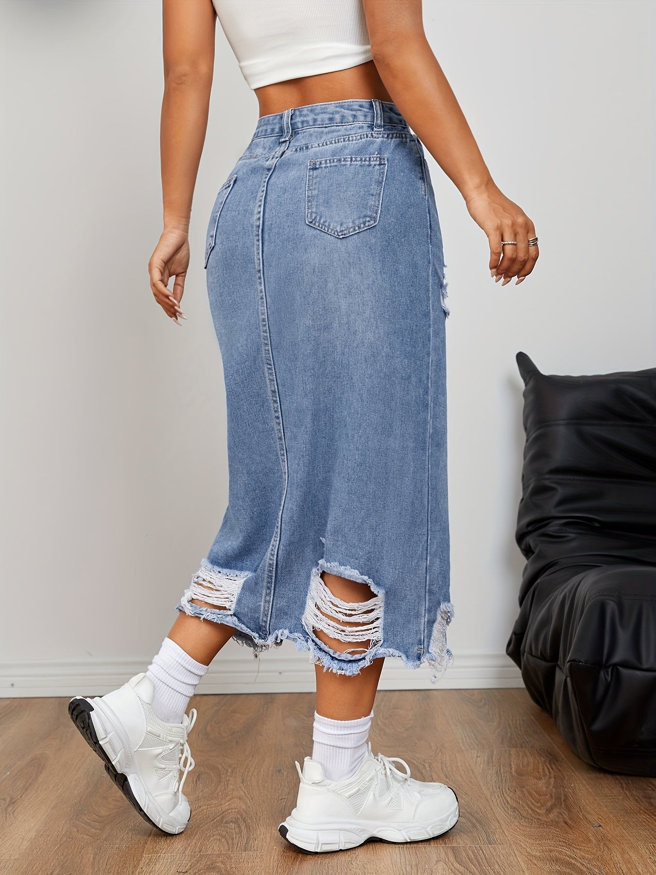 Effortless Medium Blue Denim Midi Skirt for Women with High Waist Front Slit Distressed Frayed Style