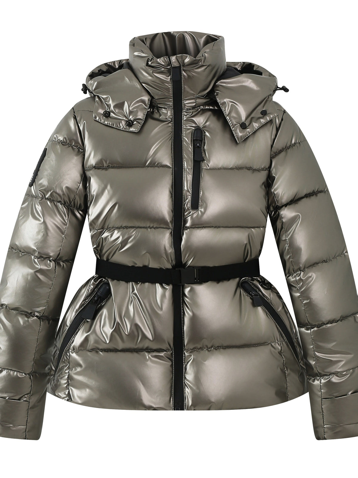 Refined Metallic Puffer Ski Jacket for Women with Hooded Collar Long Sleeve Belted Zip Pocket Daily Style