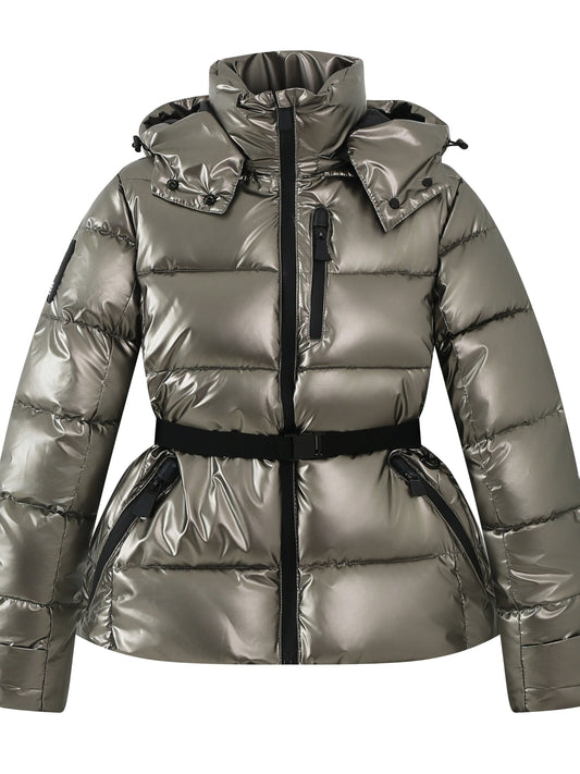 Refined Metallic Puffer Ski Jacket for Women with Hooded Collar Long Sleeve Belted Zip Pocket Daily Style