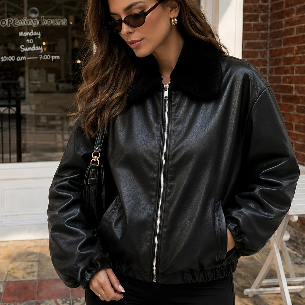 Chic Black Faux Leather Bomber Jacket for Women with Faux Fur Collar Zip Front Ribbed Knit Biker Style