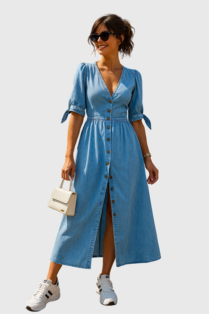 Elegant Button Front Midi Dress for Women with V Neck Puff Sleeve Smocked Waist Flowing Style
