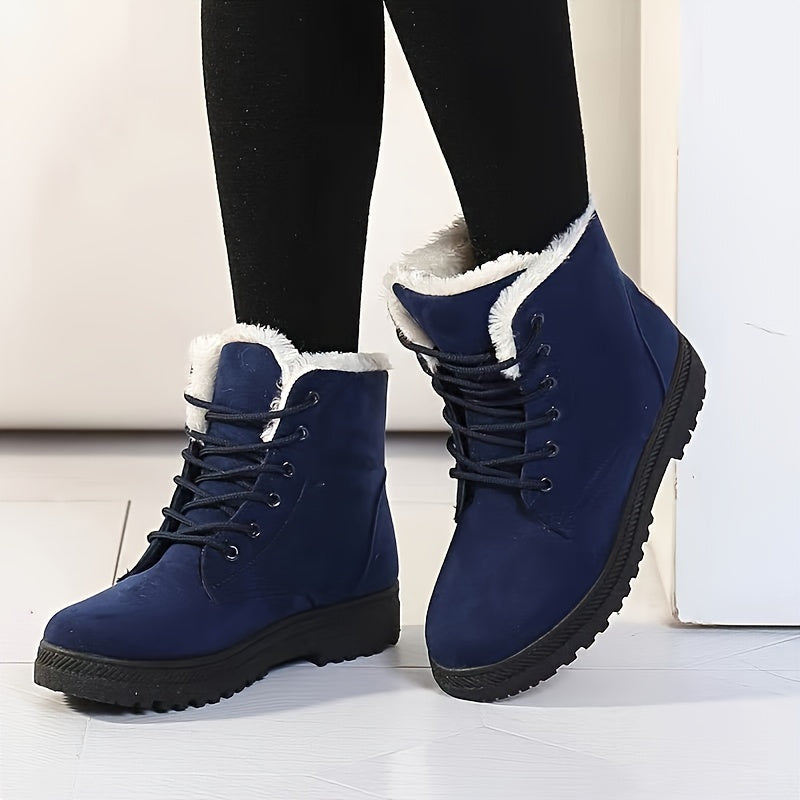 Warm Lace Up Snow Boots for Women with Fleece Cuff Almond Toe Chunky Sole Winter Snowproof Style