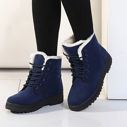 Warm Lace Up Snow Boots for Women with Fleece Cuff Almond Toe Chunky Sole Winter Snowproof Style