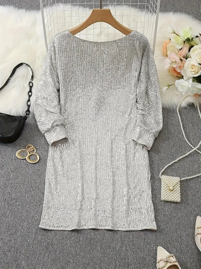 Elegant Sequin Cocktail Dress for Women with One Shoulder Batwing Sleeve Bodycon Sparkle Formal Party Style
