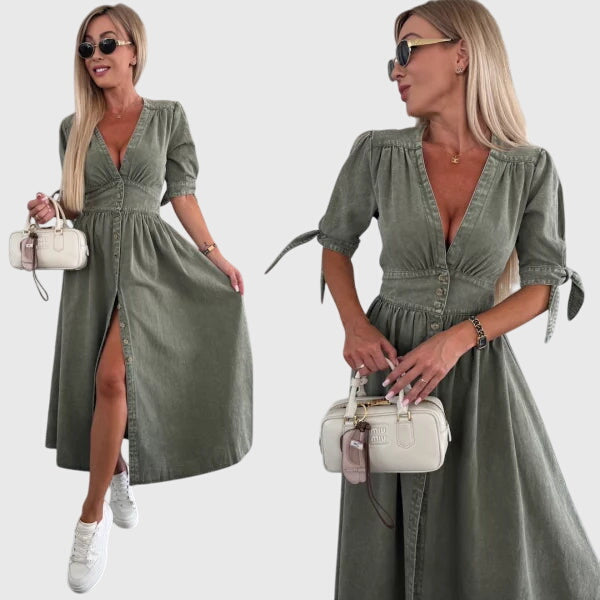 Effortless Denim Maxi Dress for Women with V Neck Elbow Sleeve Button Front Flowing Casual Style