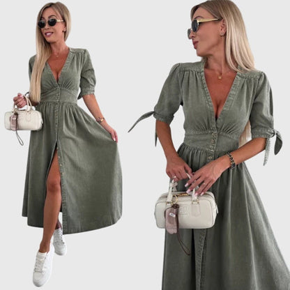 Effortless Denim Maxi Dress for Women with V Neck Elbow Sleeve Button Front Flowing Casual Style