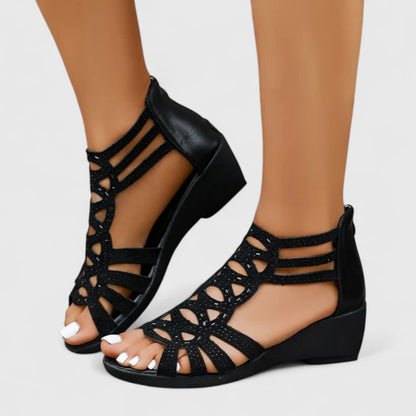 Elegant Rhinestone Caged Wedge Sandal for Women with Peep Toe Zip Back Low Heel Style