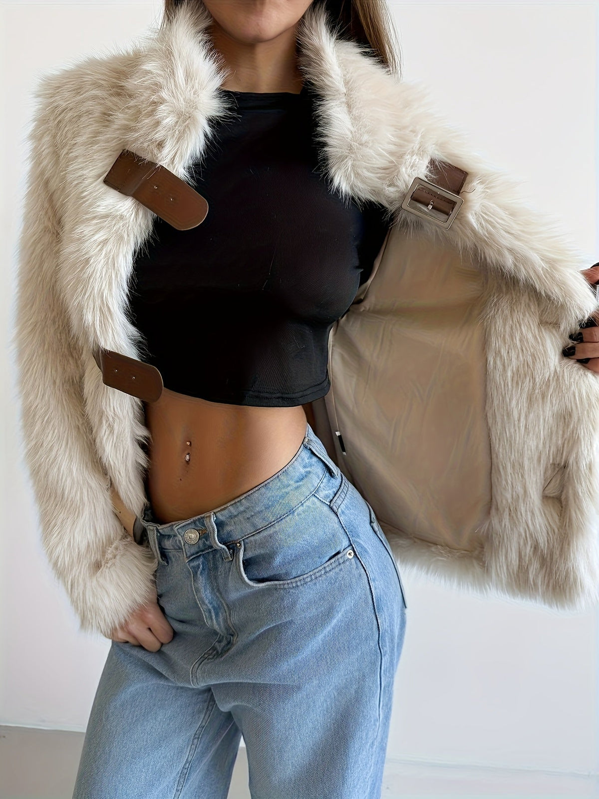 Warm Cream Flurry Coat for Women with Buckle Front Shaggy Faux Fur Cropped Soft Cold Weather Style
