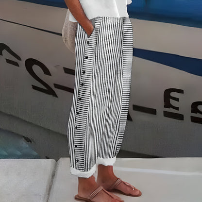 Effortless Striped Linen Pants for Women with Button Front Cuffed Wide Leg Relaxed Casual Style