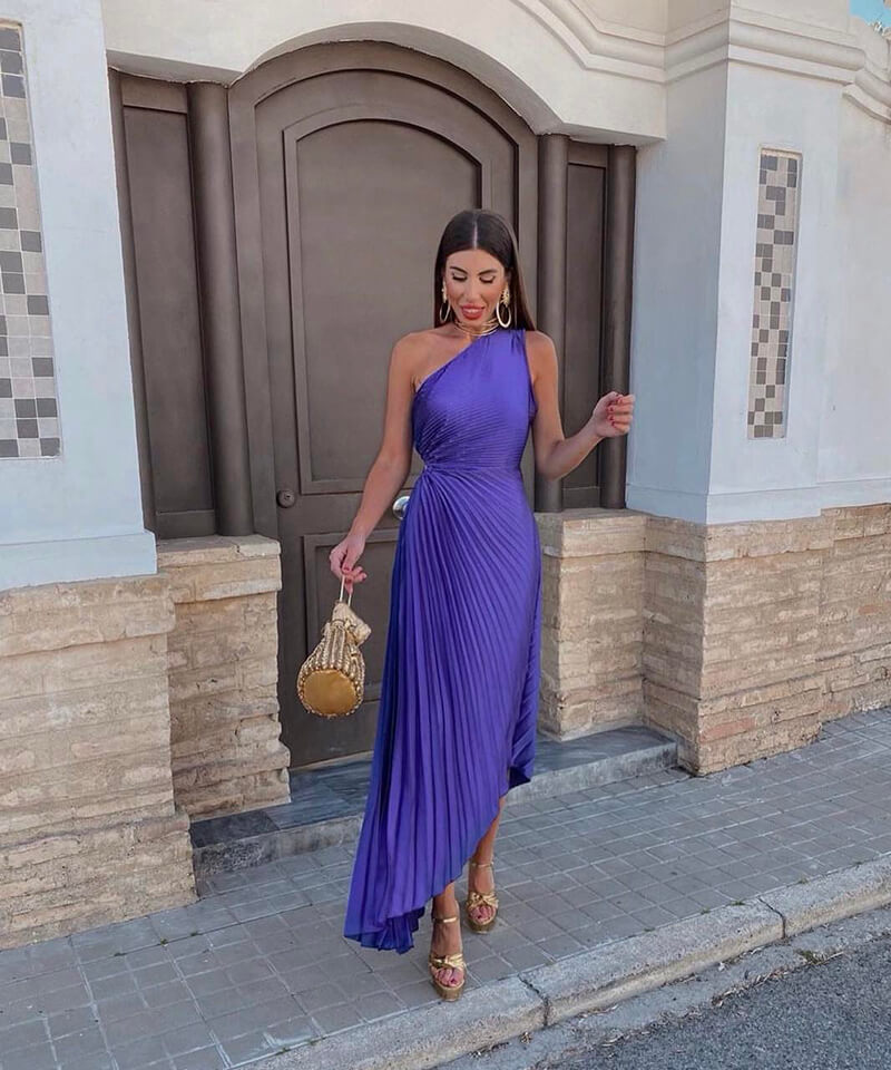 Elegant Purple Pleated Cocktail Dress for Women with One Shoulder Sleeveless Cutout Asymmetric Style