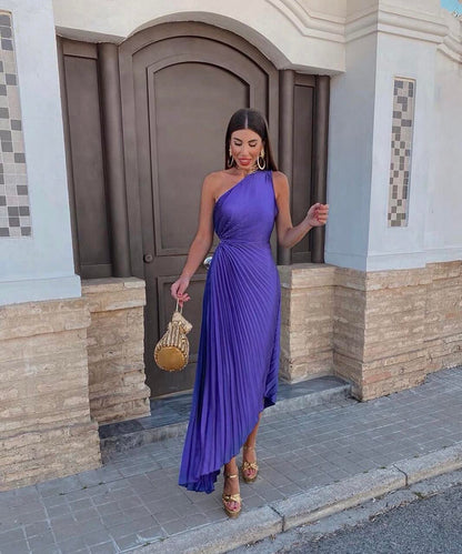 Elegant Purple Pleated Cocktail Dress for Women with One Shoulder Sleeveless Cutout Asymmetric Style