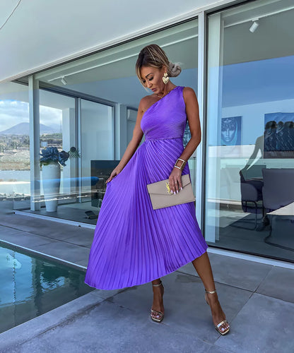 Elegant Purple Pleated Cocktail Dress for Women with One Shoulder Sleeveless Cutout Asymmetric Style