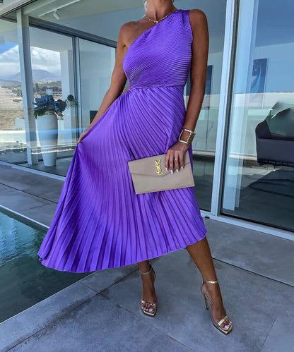 Elegant Purple Pleated Cocktail Dress for Women with One Shoulder Sleeveless Cutout Asymmetric Style
