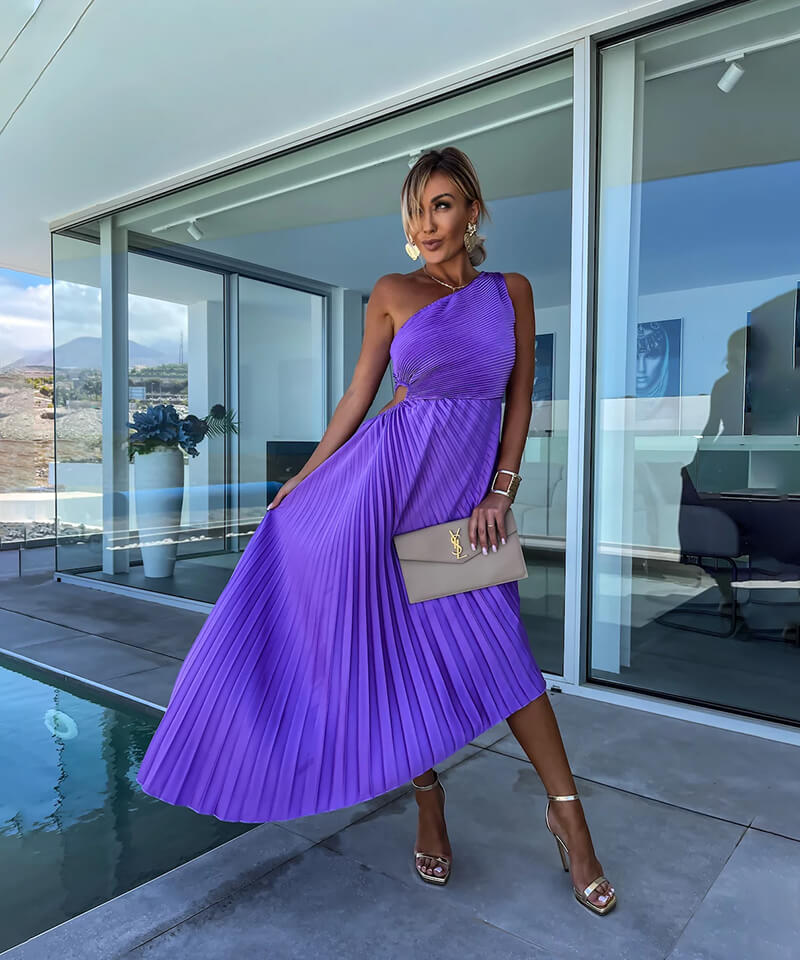 Elegant Purple Pleated Cocktail Dress for Women with One Shoulder Sleeveless Cutout Asymmetric Style