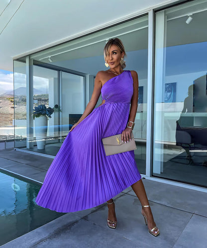 Elegant Purple Pleated Cocktail Dress for Women with One Shoulder Sleeveless Cutout Asymmetric Style