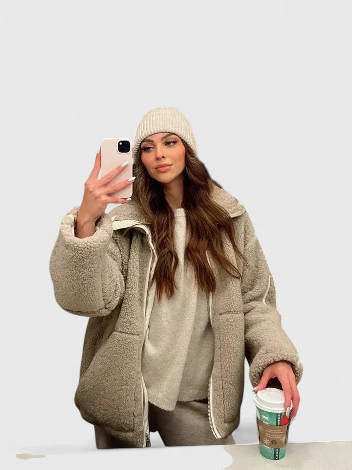 Comfortable Beige Sherpa Jacket for Women with High Neck Long Sleeve Oversized Relaxed Style