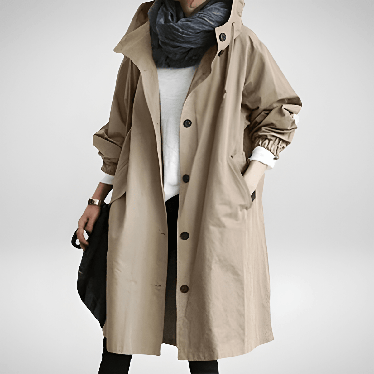 Elegant Army Green Relaxed Fit Hooded Coat for Women with Button Front Drawstring Relaxed Casual Utility Style