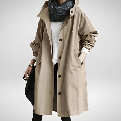 Elegant Army Green Relaxed Fit Hooded Coat for Women with Button Front Drawstring Relaxed Casual Utility Style