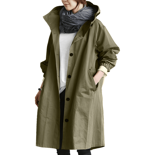Elegant Army Green Relaxed Fit Hooded Coat for Women with Button Front Drawstring Relaxed Casual Utility Style