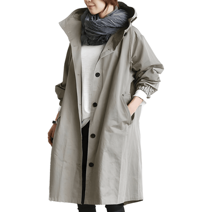 Elegant Army Green Relaxed Fit Hooded Coat for Women with Button Front Drawstring Relaxed Casual Utility Style