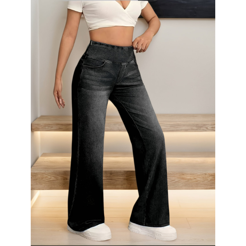 Effortless Black Denim Wide Leg Jeans for Women with High Waisted Flare Stretch Casual Style