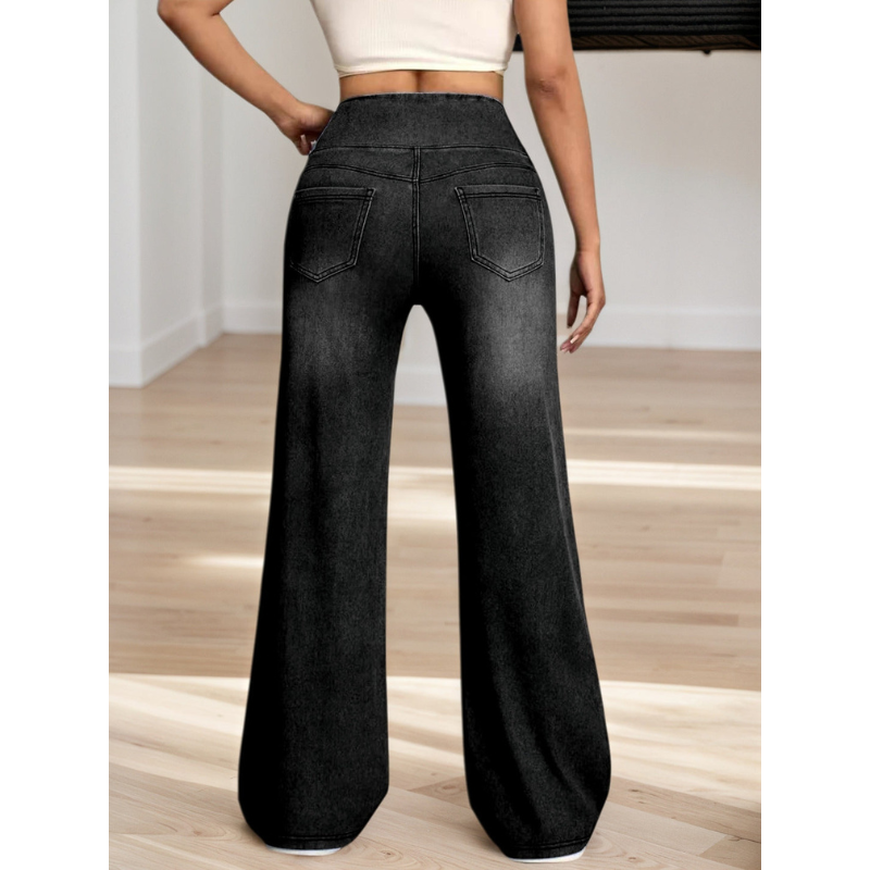 Effortless Black Denim Wide Leg Jeans for Women with High Waisted Flare Stretch Casual Style