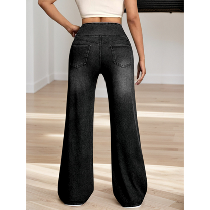 Effortless Black Denim Wide Leg Jeans for Women with High Waisted Flare Stretch Casual Style