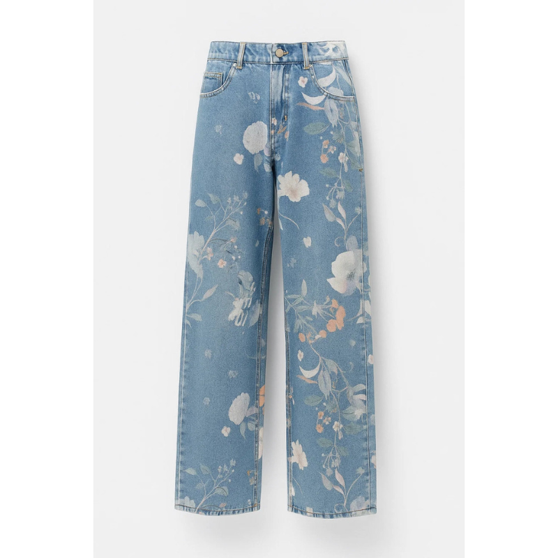 Effortless Blue Floral Wide Leg Jeans for Women with High Waisted Button Fly Relaxed Style