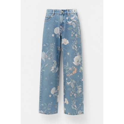Effortless Blue Floral Wide Leg Jeans for Women with High Waisted Button Fly Relaxed Style