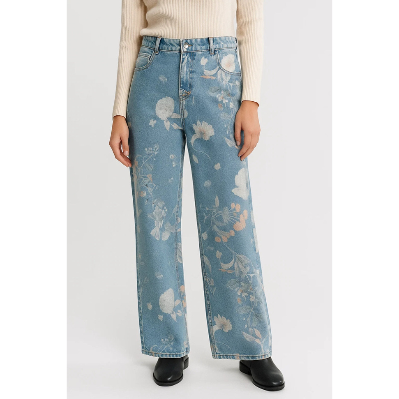 Effortless Blue Floral Wide Leg Jeans for Women with High Waisted Button Fly Relaxed Style