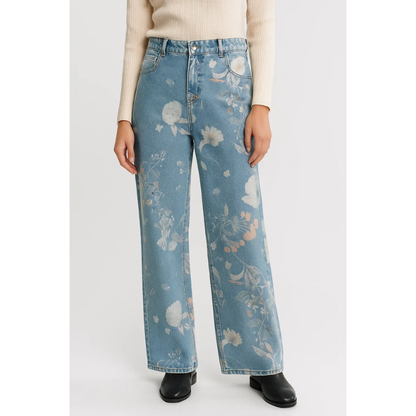Effortless Blue Floral Wide Leg Jeans for Women with High Waisted Button Fly Relaxed Style