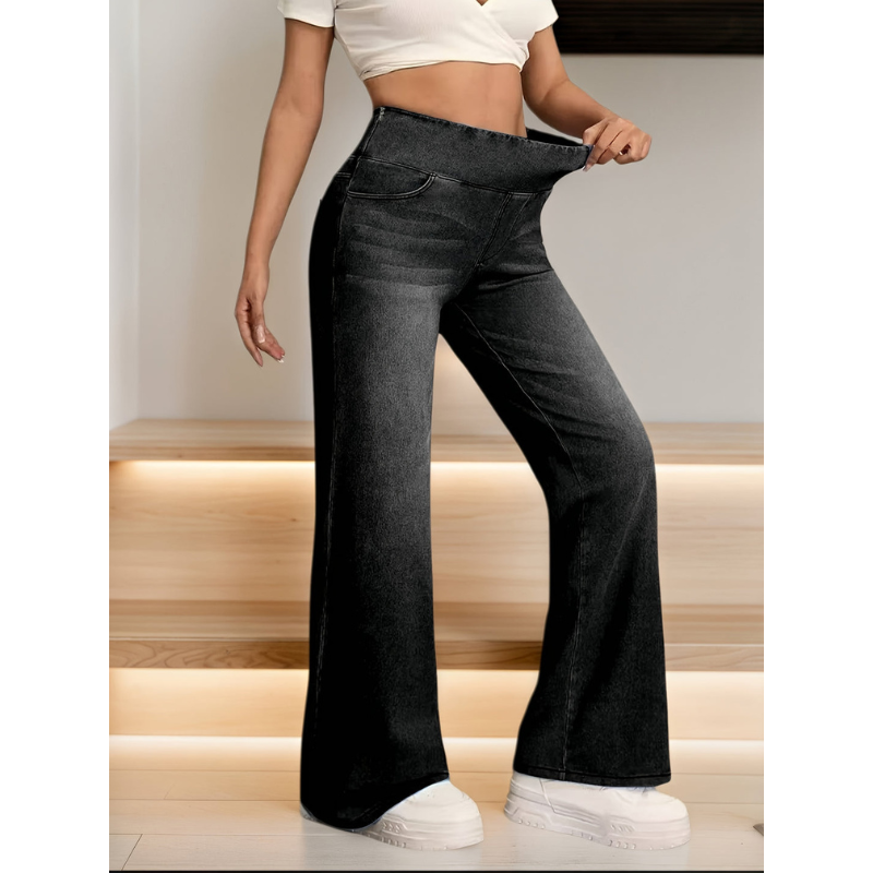 Effortless Black Denim Wide Leg Jeans for Women with High Waisted Flare Stretch Casual Style