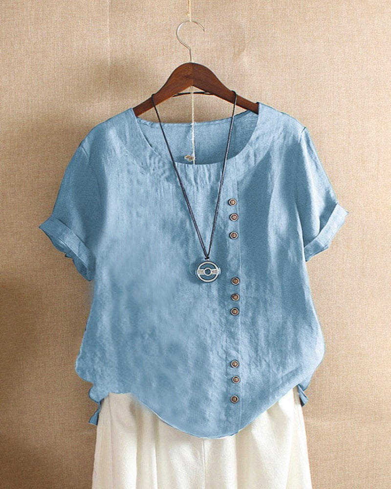 Effortless Linen Blouse for Women with Round Neck Short Sleeve Button Placket Relaxed Style