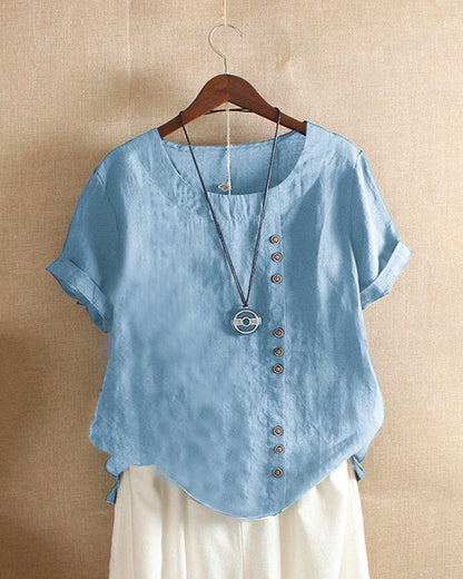 Effortless Linen Blouse for Women with Round Neck Short Sleeve Button Placket Relaxed Style