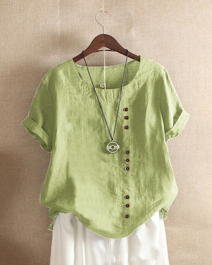Effortless Linen Blouse for Women with Round Neck Short Sleeve Button Placket Relaxed Style