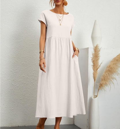 Effortless Cotton Maxi Dress for Women with Round Neck Short Sleeve Pocket Relaxed Casual Style