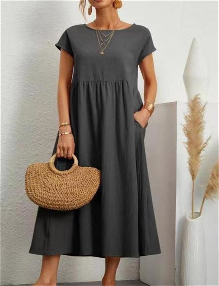 Effortless Cotton Maxi Dress for Women with Round Neck Short Sleeve Pocket Relaxed Casual Style