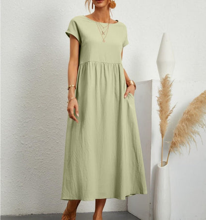 Effortless Cotton Maxi Dress for Women with Round Neck Short Sleeve Pocket Relaxed Casual Style