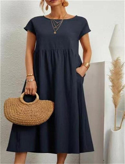 Effortless Cotton Maxi Dress for Women with Round Neck Short Sleeve Pocket Relaxed Casual Style