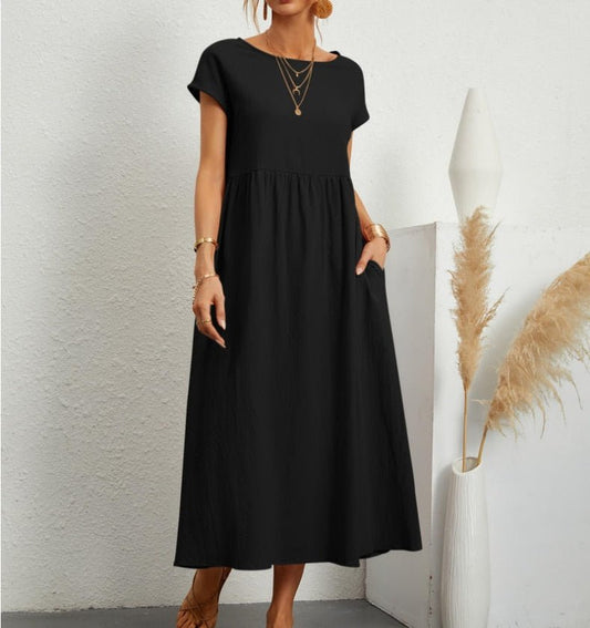Effortless Cotton Maxi Dress for Women with Round Neck Short Sleeve Pocket Relaxed Casual Style