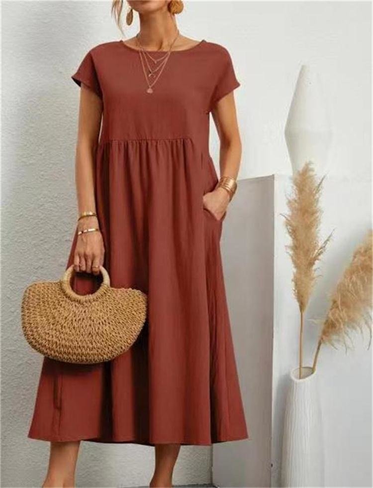 Effortless Cotton Maxi Dress for Women with Round Neck Short Sleeve Pocket Relaxed Casual Style