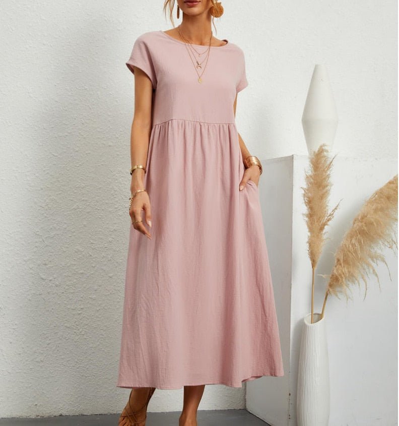 Effortless Cotton Maxi Dress for Women with Round Neck Short Sleeve Pocket Relaxed Casual Style