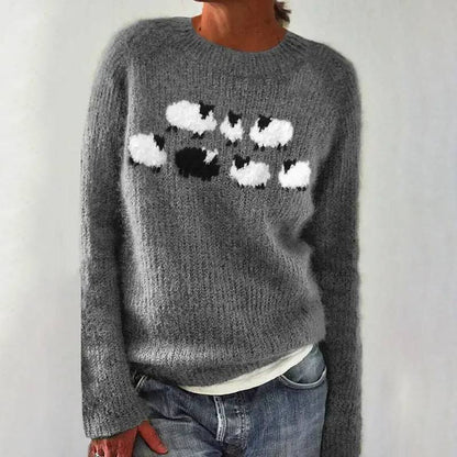Comfortable Sheep Print Sweater for Women with Crew Neck Long Sleeve Relaxed Oversized Knit Style