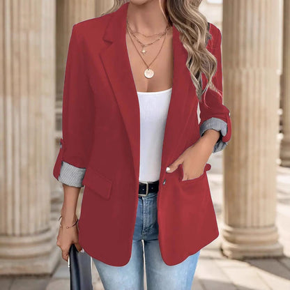 Elegant Tailored Blazer for Women with Notch Lapel Roll Tab Sleeve Longline Relaxed Style